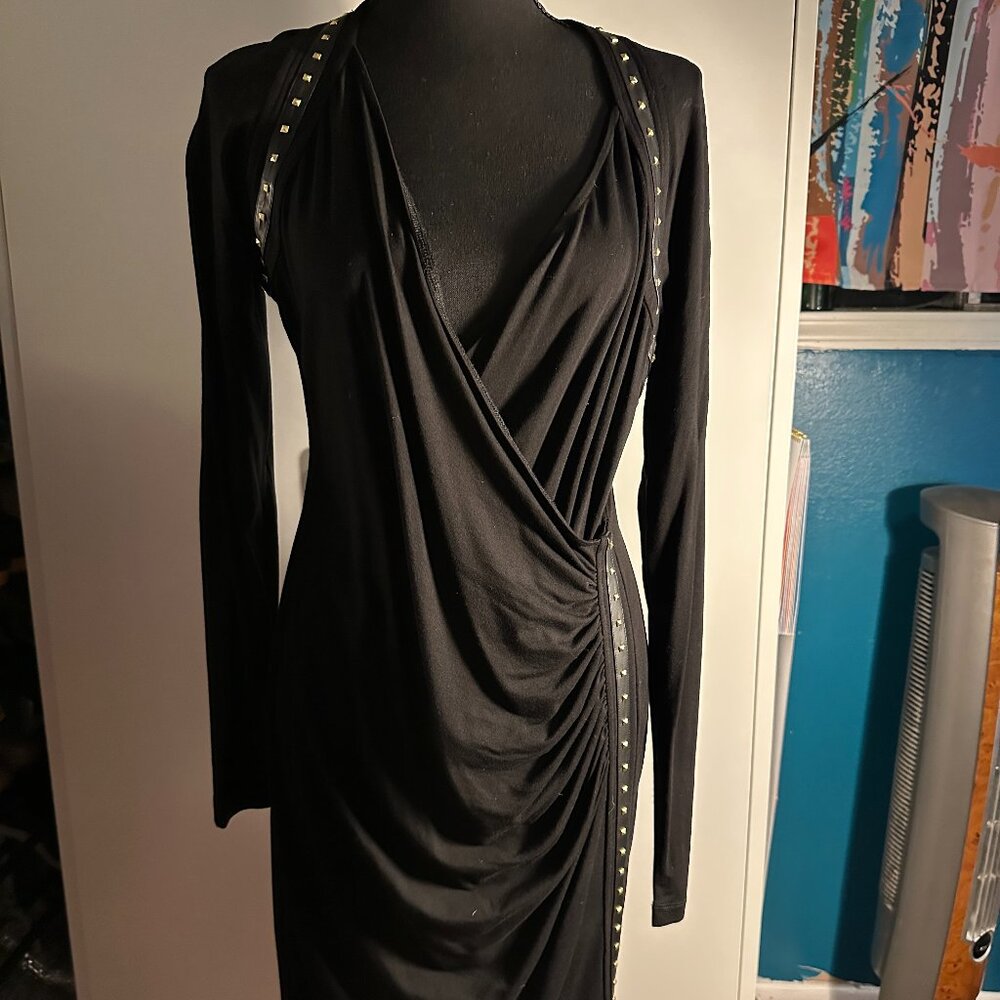 Carmen Marc Valvo Black Studded Faux Leather Trim Wrap Dress – Size XL